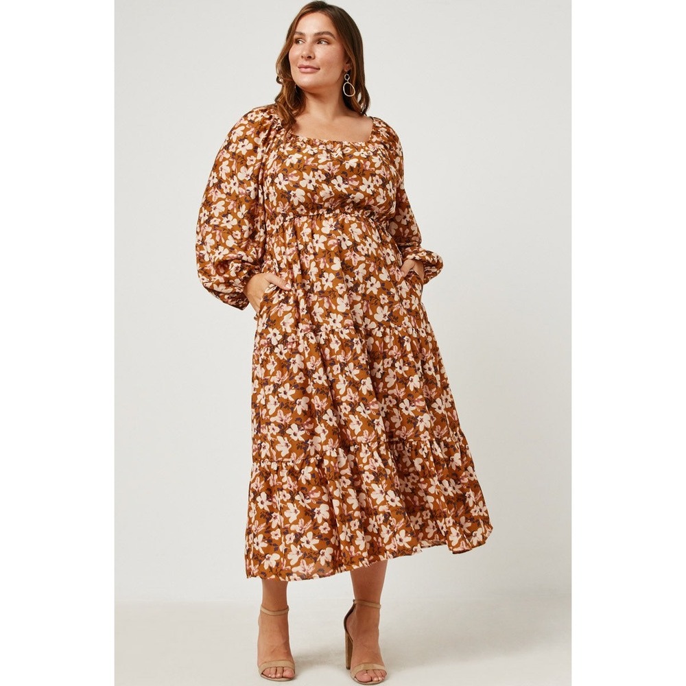 Hayden Los Angeles Floral Smocked Back Tiered Midi Dress Brown Womens 2XL NEW